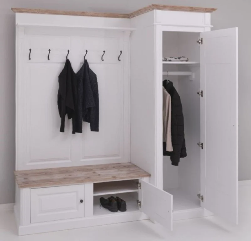 Casa Padrino Landhausstil Garderobenschrank Weiß / Naturfarben 205 x 65 x H. 210 cm - Massivholz Garderobe - Flur Schrank - Flurmöbel - Garderoben Möbel - Massivholz Möbel - Landhausstil Möbel
