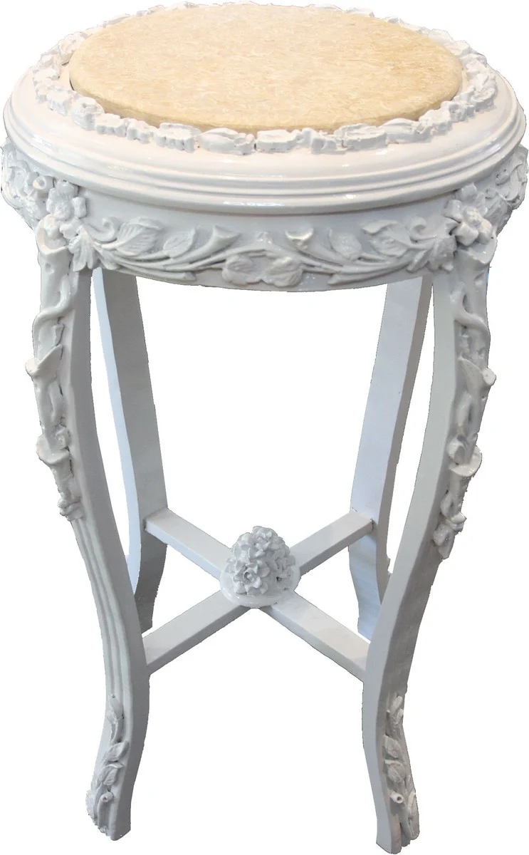 Casa Padrino Barock Beistelltisch Rund "Flowers" Weiß/Creme Antik Look - 71 x 42 cm