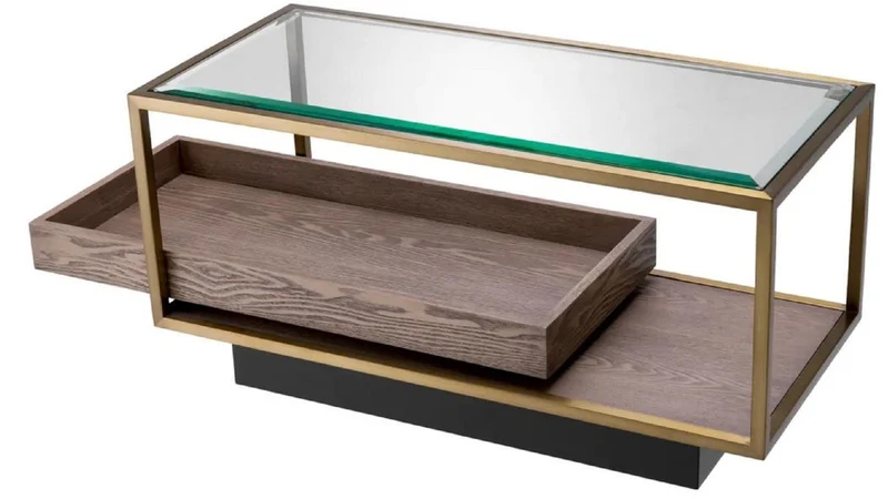 Casa Padrino Luxus Beistelltisch Messing / Grau / Schwarz 90 x 42 x H. 44 cm - Rechteckiger Wohnzimmer Tisch mit Glasplatte - Hotel Tisch - Wohnzimmer Möbel - Hotel Möbel - Luxus Möbel
