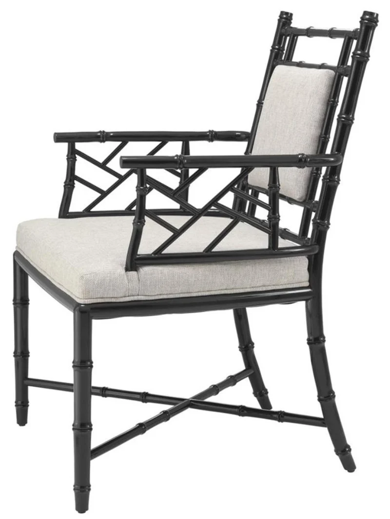 Casa Padrino Luxus Esszimmerstuhl mit Armlehnen Piano Schwarz / Naturfarben 63 x 65 x H. 94 cm - Esszimmer & Wintergarten Möbel