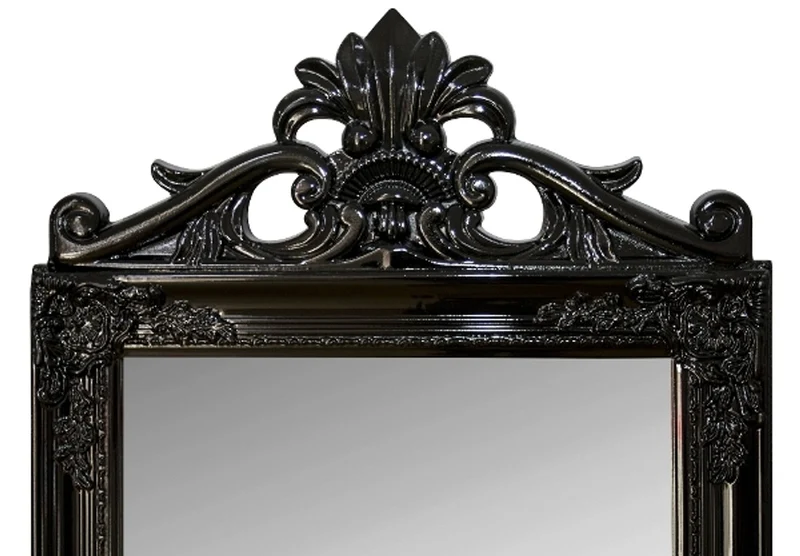 Casa Padrino Barock Standspiegel Schwarz mit wunderschönen Barockrahmen und Ornamentaufsatz H. 180 cm - Handgefertigt