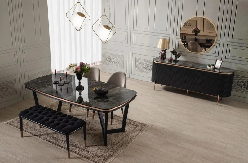 Casa Padrino Luxus Esszimmer Set Grau / Schwarz / Kupfer - 1 Luxus Esszimmertisch & 6 Luxus Esszimmerstühle mit Armlehnen - Esszimmer Möbel - Restaurant Möbel - Luxus Möbel - Luxus Einrichtung