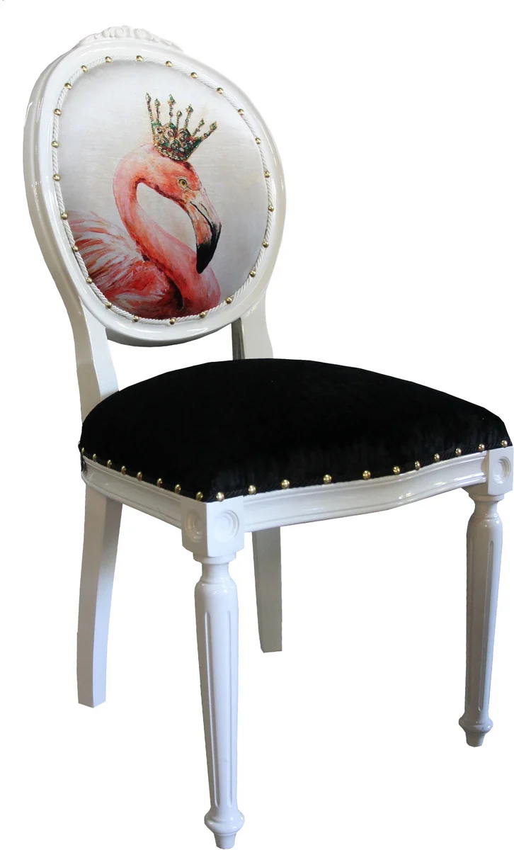 Casa Padrino Barock Luxus Esszimmer Stuhl ohne Armlehnen Flamingo Weiß mit Krone und mit Bling Bling Glitzersteinen - Designer Stuhl - Limited Edition