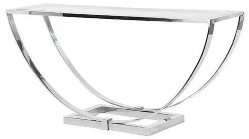Casa Padrino Luxus Designer Konsole Silber 160 x 40 x H. 75 cm - Metall Konsolentisch mit Glasplatte - Luxus Designer Wohnzimmer Möbel