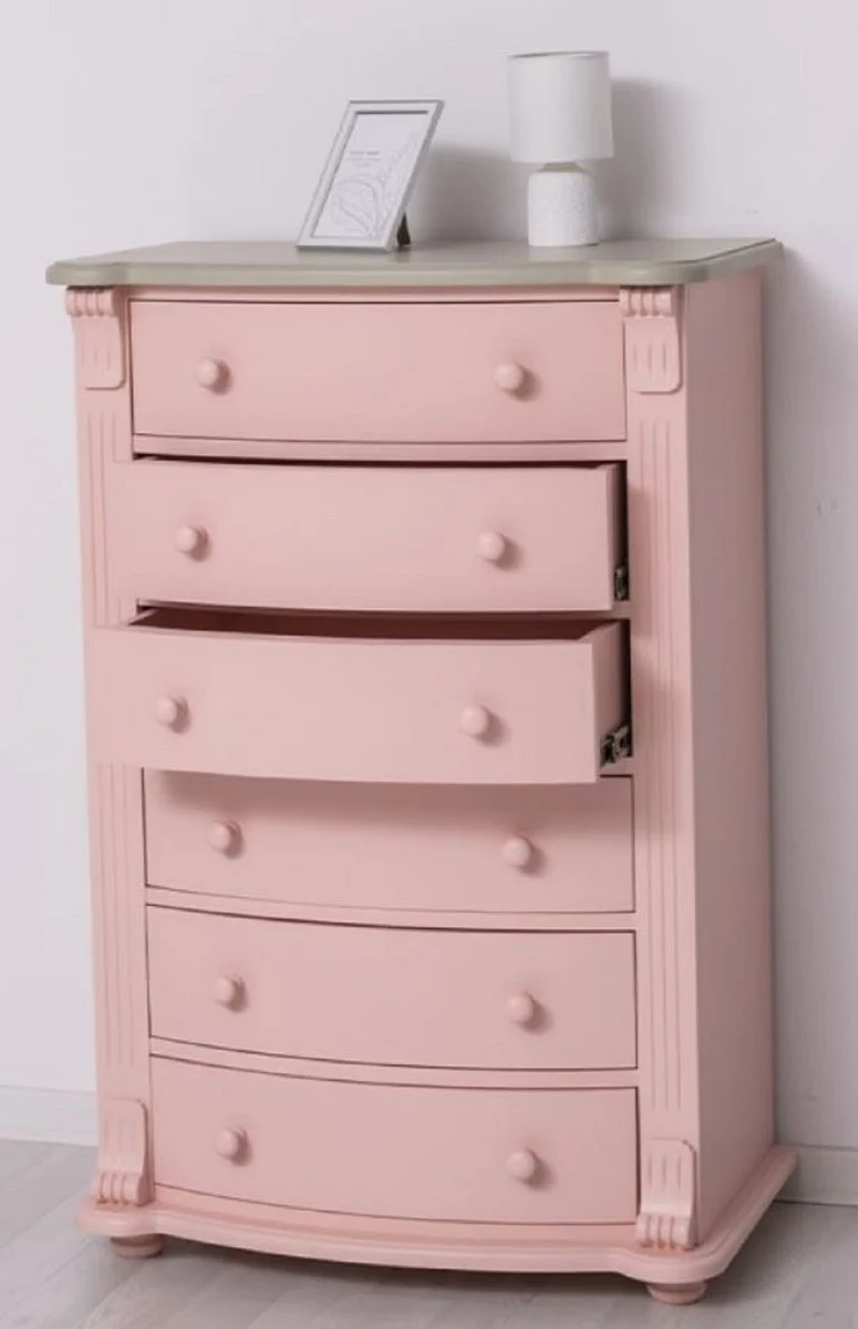 Casa Padrino Landhausstil Kommode Rosa / Grau 80 x 48 x H. 120 cm - Massivholz Schrank mit 6 Schubladen - Landhausstil Schlafzimmer Möbel - Möbel im Landhausstil - Landhausstil Einrichtung