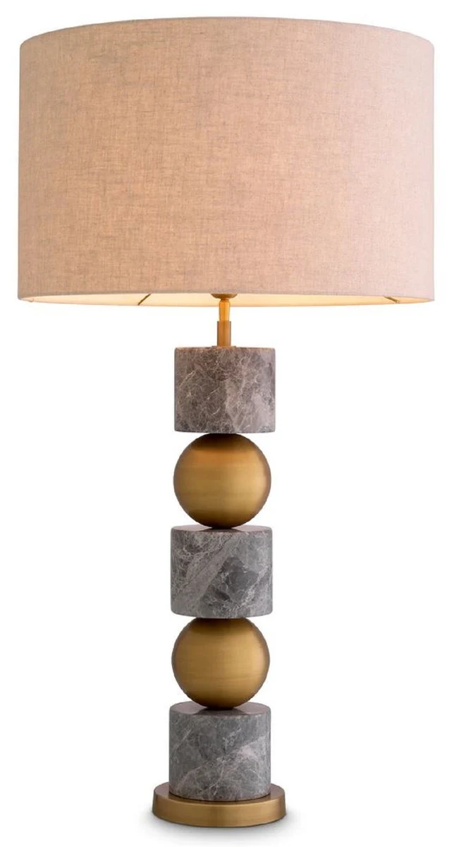 Casa Padrino Luxus Tischleuchte Antik Messing / Grau / Creme Ø 50 x H. 92,5 cm - Schreibtischleuchte mit rundem Lampenschirm - Luxus Tischleuchten - Luxus Schreibtischleuchten - Luxus Leuchten