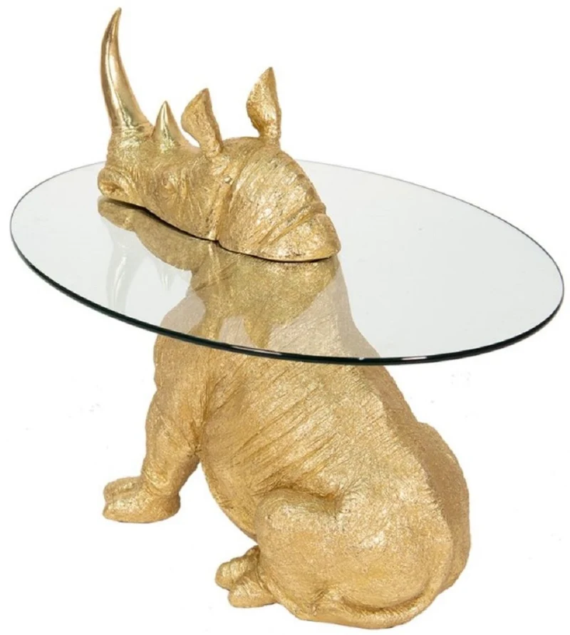 Casa Padrino Luxus Beistelltisch Nashorn Gold Ø 65 x H. 55 cm - Runder Kunstharz Tisch mit Glasplatte - Wohnzimmer Möbel - Luxus Möbel - Luxus Einrichtung - Wohnzimmer Einrichtung