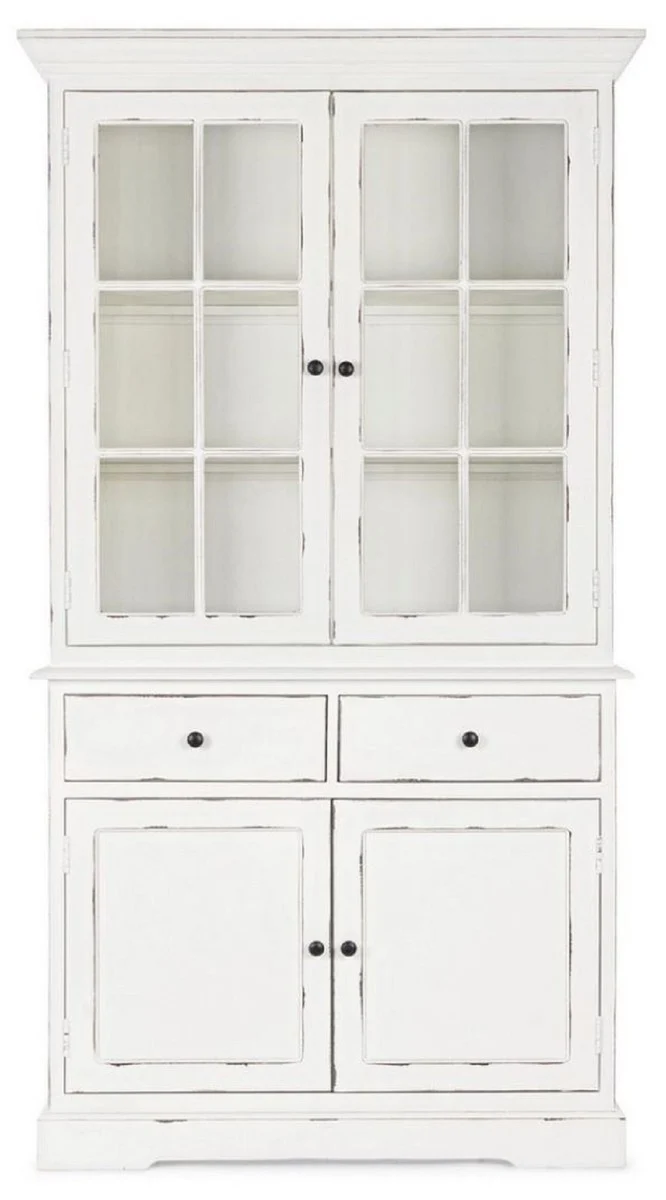 Casa Padrino Landhausstil Schrank Antik Weiß 111,4 x 42,5 x H. 203 cm - Landhausstil Esszimmerschrank mit 4 Türen und 2 Schubladen - Landhausstil Vitrine - Landhausstil Esszimmer Möbel