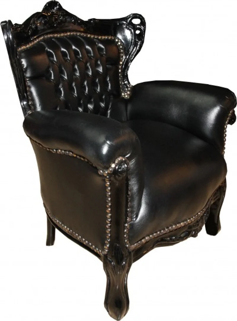 Casa Padrino Barock Kinder Sessel im exklusiven Design, Schwarz / Schwarz Lederoptik, Höhe 84 cm, Breite 58 cm