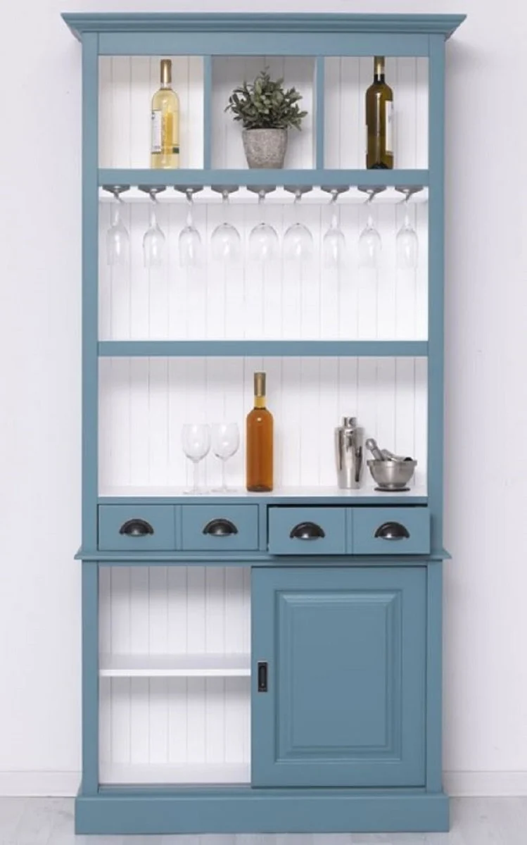 Casa Padrino Landhausstil Massivholz Barschrank Blau / Weiß 103 x 36 x H. 210 cm - Massivholz Weinschrank im Landhausstil - Massivholz Bar Möbel - Landhausstil Bar Möbel