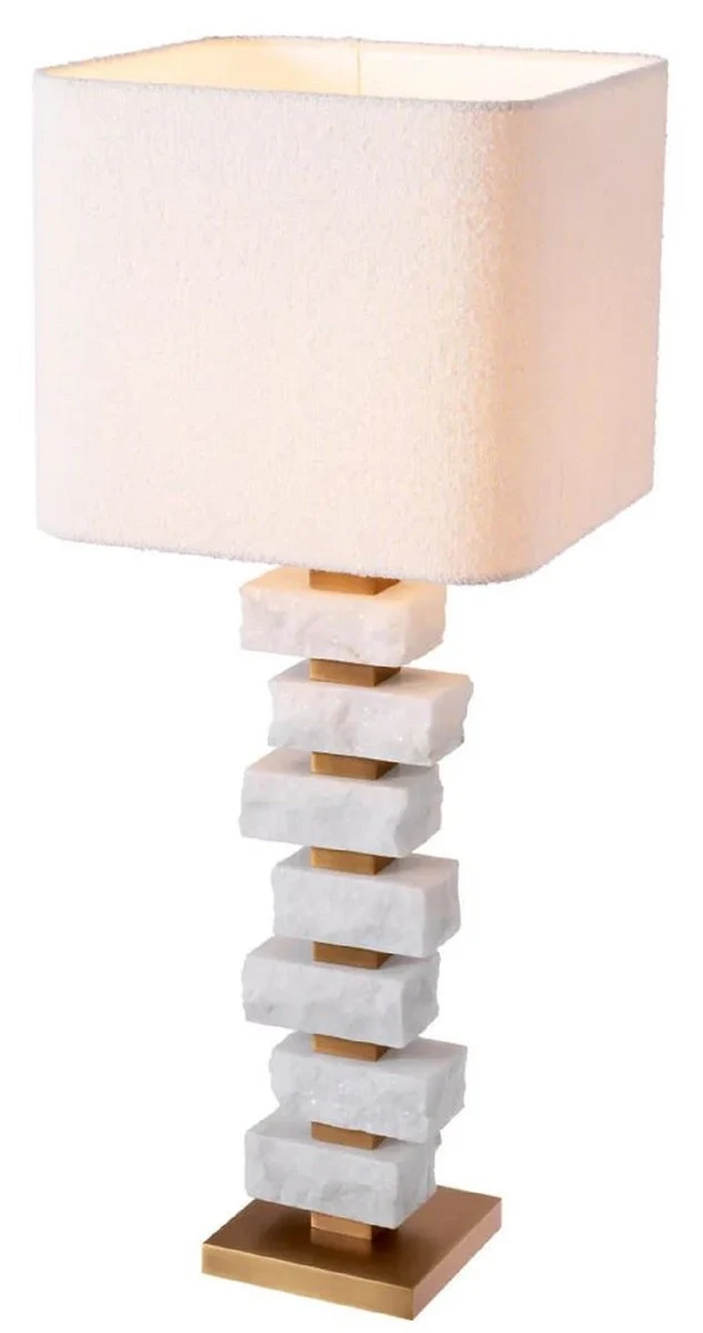 Casa Padrino Luxus Tischleuchte Weiß / Antik Messing / Creme 35,5 x 35,5 x H. 89 cm - Schreibtischleuchte mit quadratischem Lampenschirm - Luxus Tischleuchten - Luxus Schreibtischleuchten