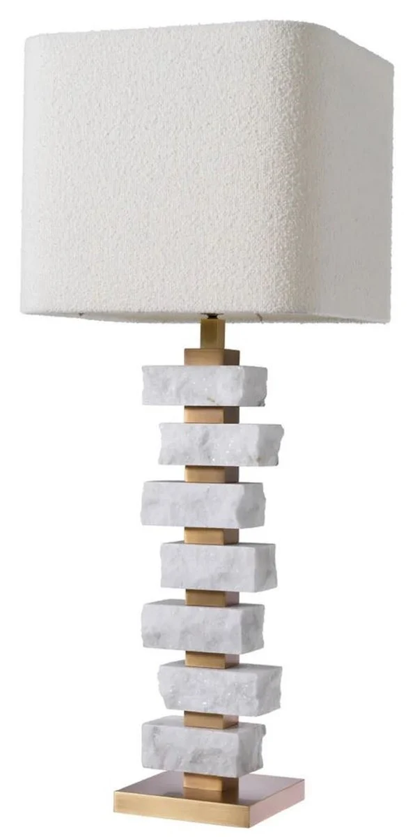 Casa Padrino Luxus Tischleuchte Weiß / Antik Messing / Creme 35,5 x 35,5 x H. 89 cm - Schreibtischleuchte mit quadratischem Lampenschirm - Luxus Tischleuchten - Luxus Schreibtischleuchten