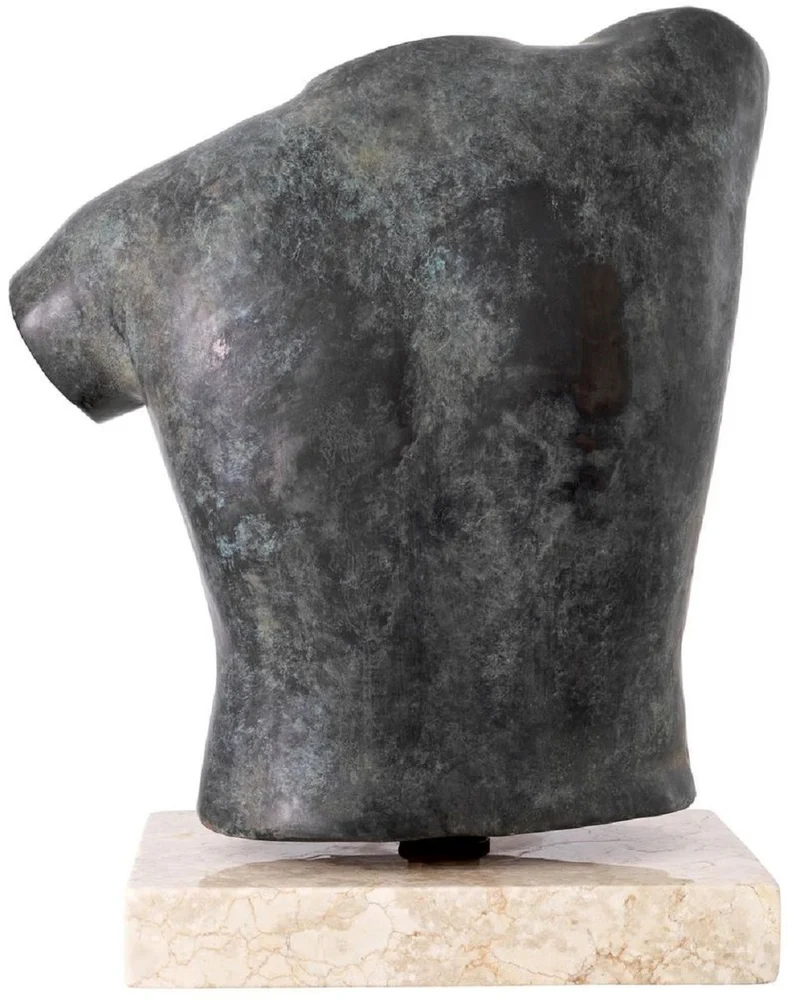 Casa Padrino Luxus Deko Torso Skulptur Antik Bronze / Beige 38 x 23 x H. 48 cm - Metall Deko Figur mit Marmorsockel - Wohnzimmer Deko - Schreibtisch Deko - Büro Deko - Deko Accessoires