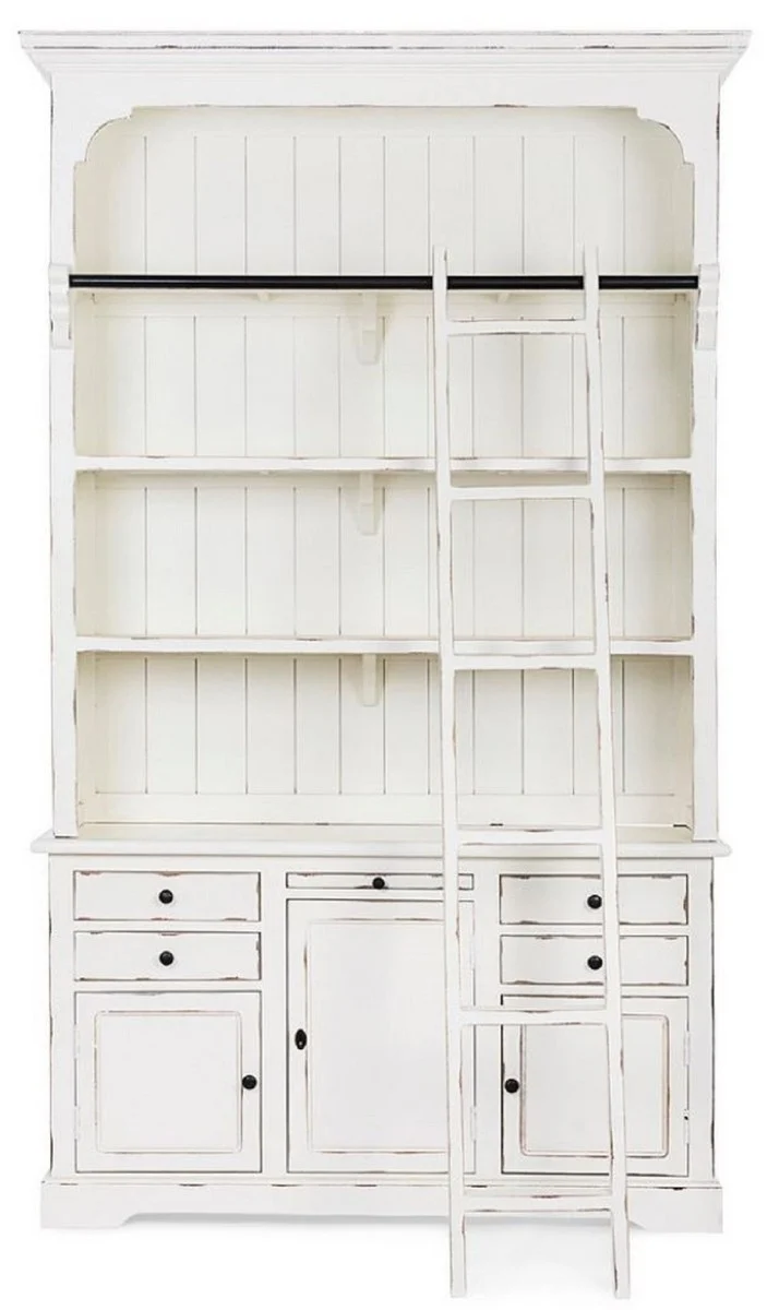 Casa Padrino Landhausstil Schrank mit Leiter Antik Weiß 143,5 x 40,6 x H. 233,7 cm - Bücherschrank - Regalschrank - Wohnzimmerschrank - Büroschrank - Landhausstil Möbel
