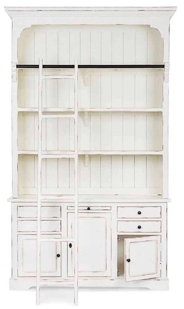 Casa Padrino Landhausstil Schrank mit Leiter Antik Weiß 143,5 x 40,6 x H. 233,7 cm - Bücherschrank - Regalschrank - Wohnzimmerschrank - Büroschrank - Landhausstil Möbel