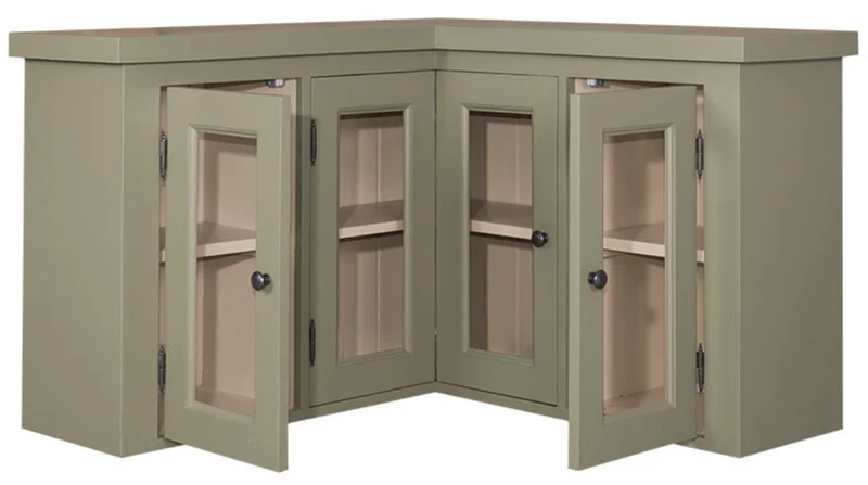 Casa Padrino Landhausstil Küchen Eckoberschrank Grün / Beige 98 x 98 x H. 65 cm - Landhausstil Hängeschrank mit 3 Glastüren