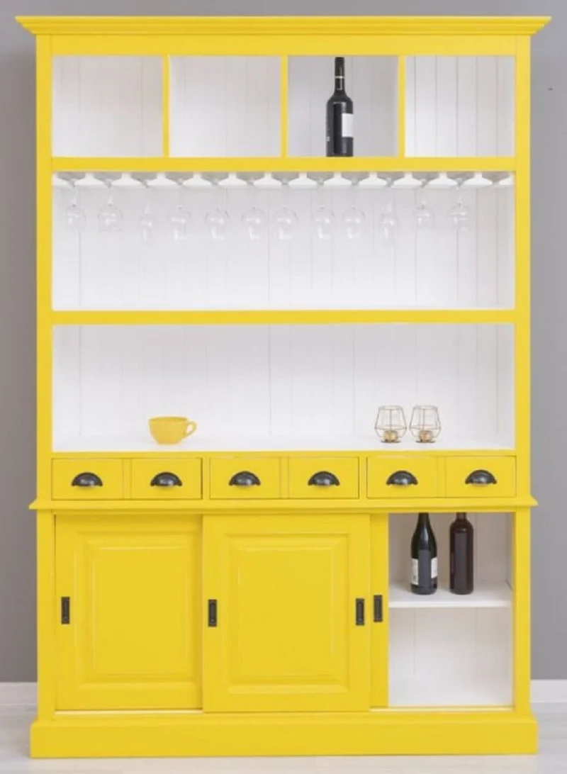Casa Padrino Landhausstil Massivholz Barschrank Gelb / Weiß 151 x 36 x H. 210 cm - Massivholz Weinschrank im Landhausstil - Massivholz Bar Möbel - Landhausstil Bar Möbel