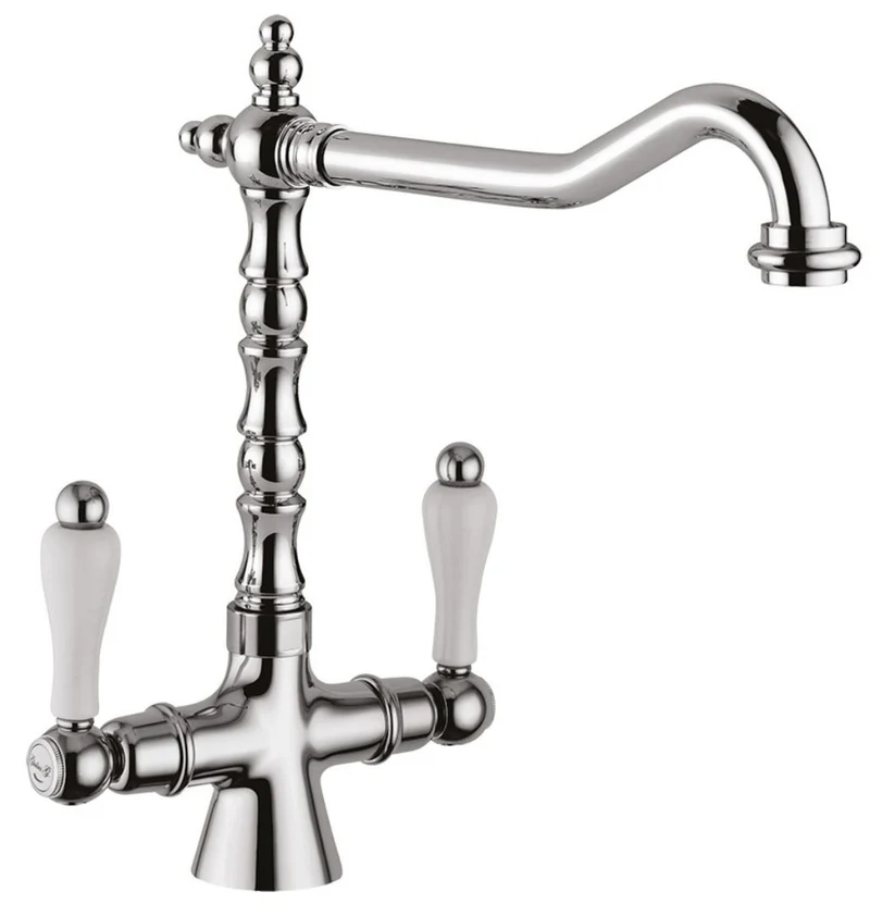 Jugendstil Retro Waschtischarmatur mit Schwenkauslauf Silber / Weiß H. 30,5 cm - Waschbeckenarmatur Made in Italy