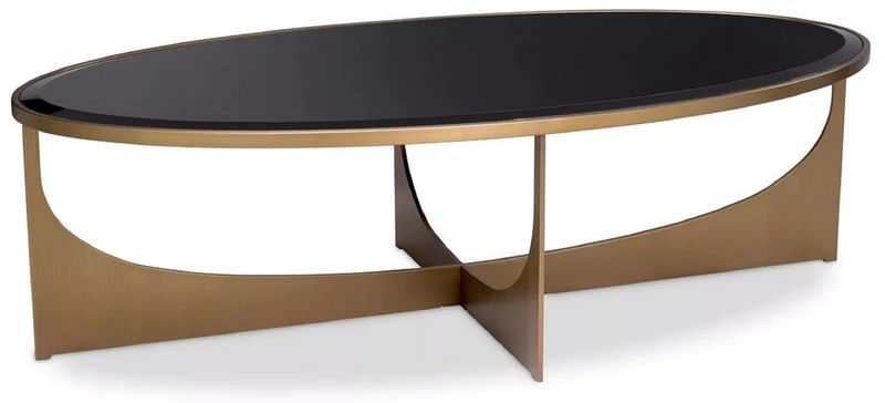 Casa Padrino Luxus Couchtisch Messing / Schwarz 101,5 x 41,5 x H. 78,5 cm - Ovaler Edelstahl Wohnzimmertisch mit Glasplatte - Luxus Möbel - Wohnzimmer Möbel - Luxus Einrichtung