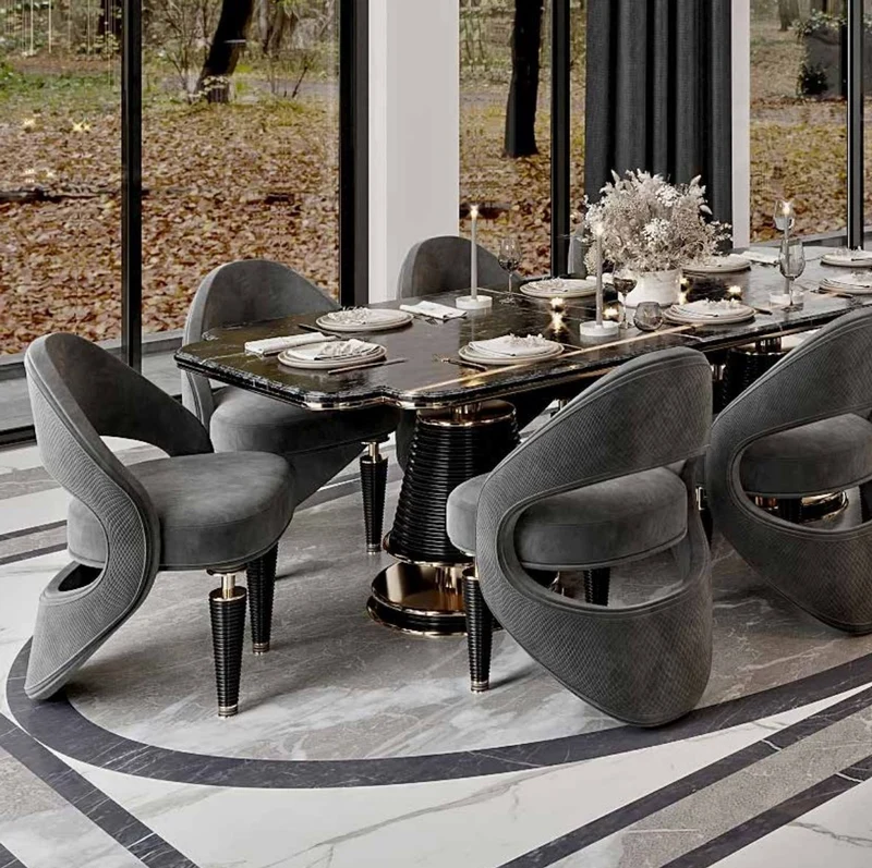 Casa Padrino Luxus Esszimmer Möbel Set Grau / Schwarz / Gold - 1 Luxus Esstisch mit Kunstmarmor Tischplatte & 8 Luxus Esszimmerstühle - Esszimmer Möbel - Restaurant Möbel - Luxus Möbel