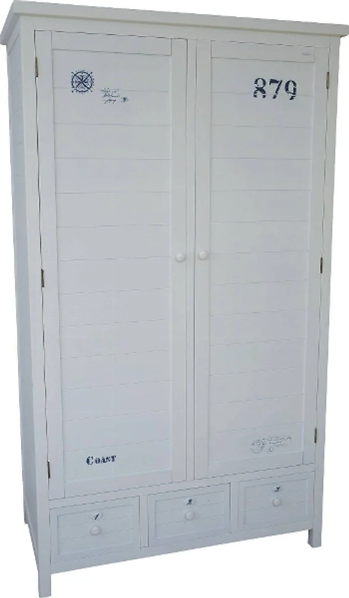 Casa Padrino Landhausstil Kleiderschrank im maritimen Beachhouse Look Weiß / Dunkelblau 113 x 60 x H. 195 cm