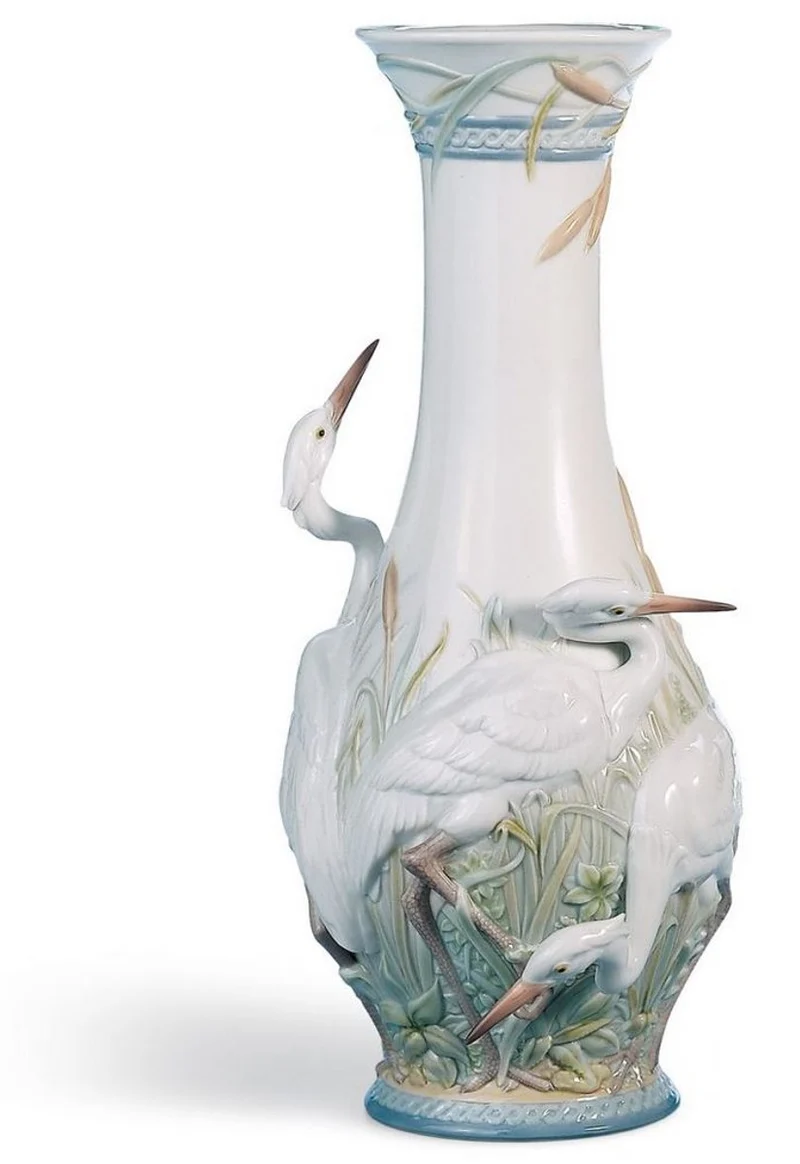 Casa Padrino Luxus Porzellan Vase Störche Weiß / Mehrfarbig Ø 17 x H. 35 cm - Dekorative Handwerkskunst