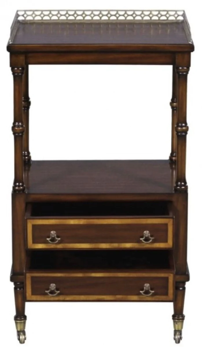 Casa Padrino Luxus Jugendstil Beistelltisch mit 2 Schubladen Dunkelbraun / Gold 42 x 33 x H. 74 cm - Telefontisch mit Rollen