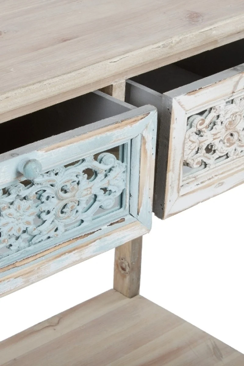 Casa Padrino Landhausstil Konsole Antik Weiß / Naturfarben 85 x 37 x H. 77 cm - Handgefertigter Shabby Chic Konsolentisch mit 2 Schubladen