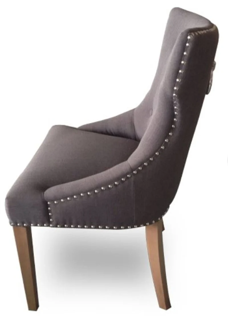Casa Padrino Luxus Esszimmerstuhl mit Ringgriff Dunkelgrau und braune Beine 59 x 65 x H. 98 cm