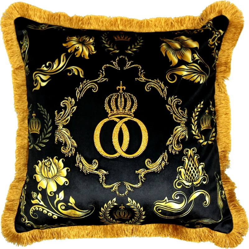 Casa Padrino Luxus Barock Kissen Pompöös by Harald Glööckler Schwarz / Gold Krone mit Strass Steinen 50 x 50 cm