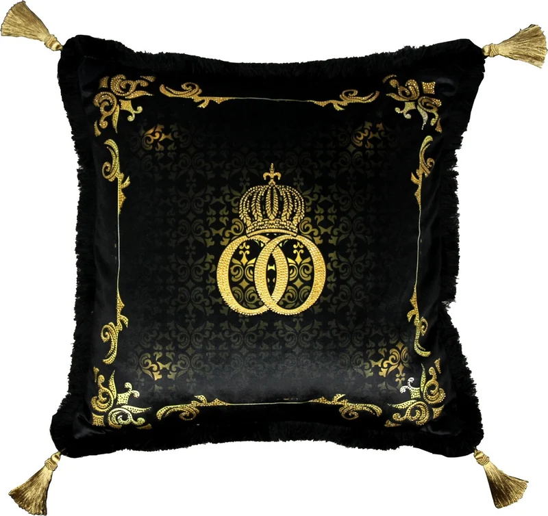 Casa Padrino Harald Glööckler Luxus Barock Kissen Pompöös Schwarz / Gold mit Krone, Strasssteinen und Troddeln 50 x 50 cm