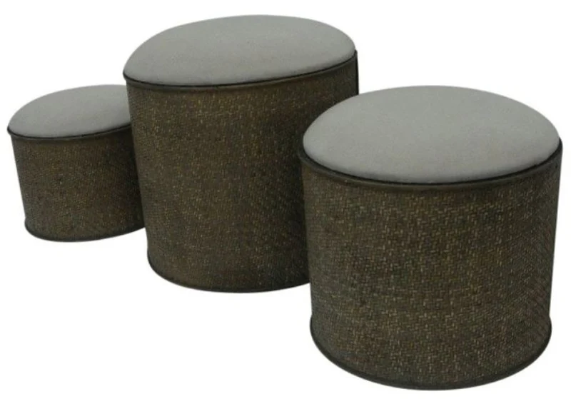 Casa Padrino Landhausstil Sitzblock 3er Set - Handgefertigte Sitzhocker mit Stauraum in Dunkelbraun und Beige, Ø 31/36/41 cm