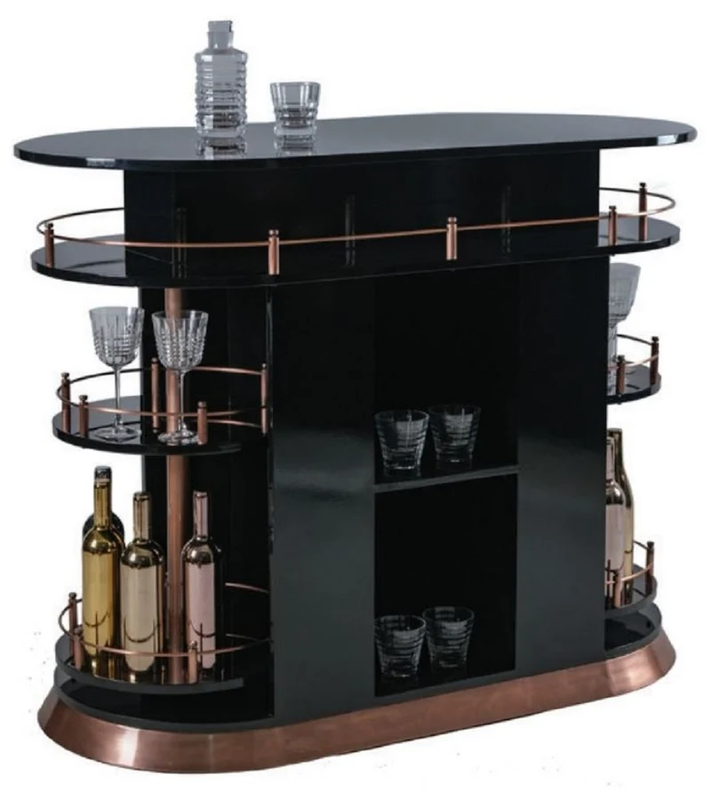 Casa Padrino Luxus Bar Theke Hochglanz Schwarz / Kupfer 135 x 65 x H. 106 cm - Ovaler Massivholz Thekentisch - Massivholz Barmöbel - Luxus Barmöbel - Luxus Möbel