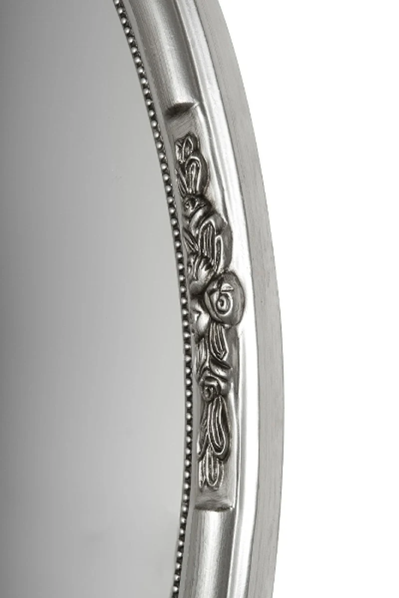 Casa Padrino Barock Wandspiegel Oval Silber Höhe 77 cm, Breite 57 cm - Edel & Prunkvoll - Vintagelook - Handgefertigt
