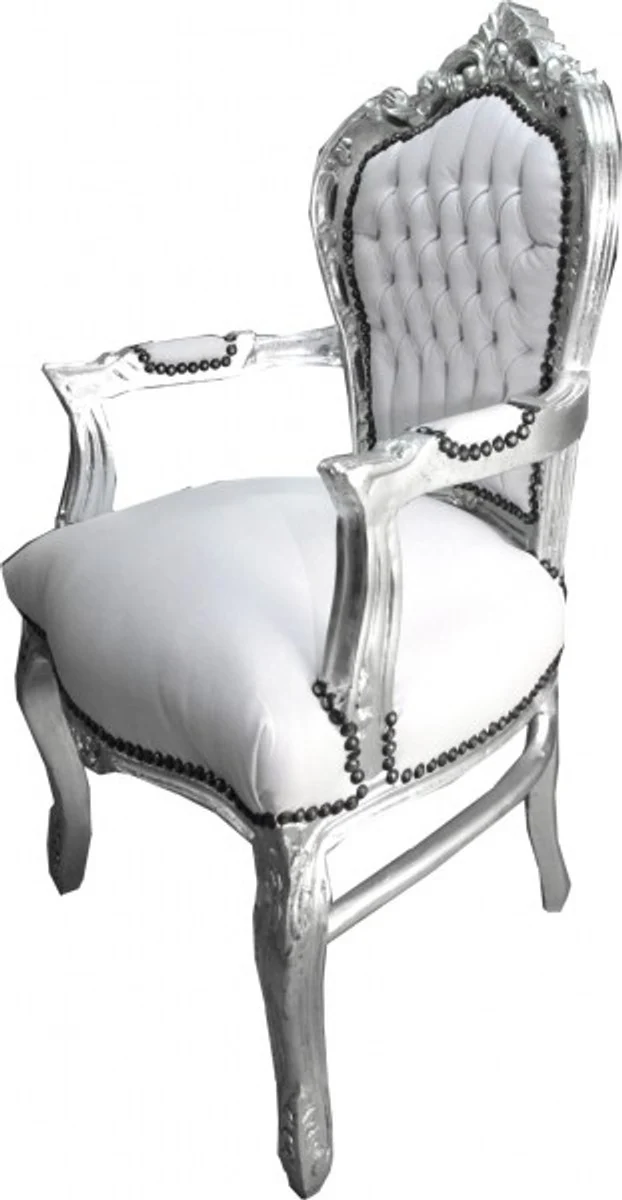 Casa Padrino Barock Esszimmer Stuhl mit Armlehnen Weiß / Silber Lederoptik - Möbel Antik Stil