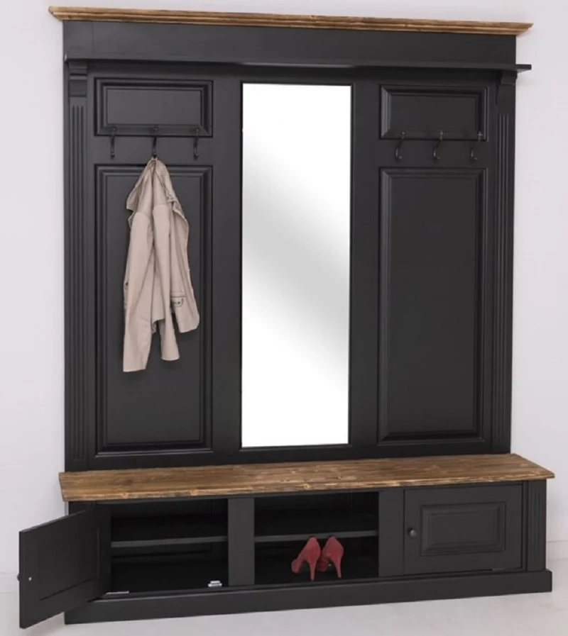Casa Padrino Landhausstil Garderobe Schwarz / Braun 180 x 41 x H. 210 cm - Massivholz Garderobenschrank mit Spiegel - Landhausstil Garderobenmöbel