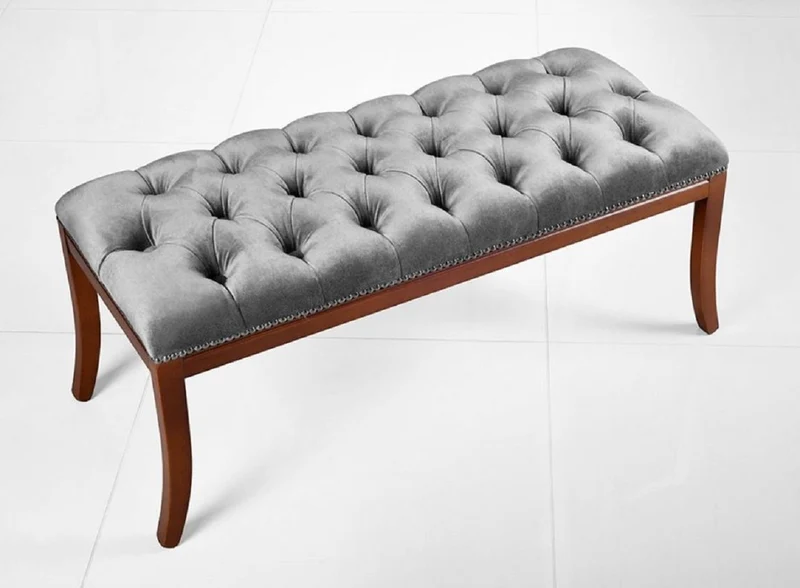 Casa Padrino Luxus Biedermeier Sitzbank Grau / Braun 89 x 38 x H. 36 cm - Gepolsterte Wohnzimmer Bank - Schlafzimmer Bank - Wohnzimmer Möbel - Schlafzimmer Möbel - Biedermeier Möbel