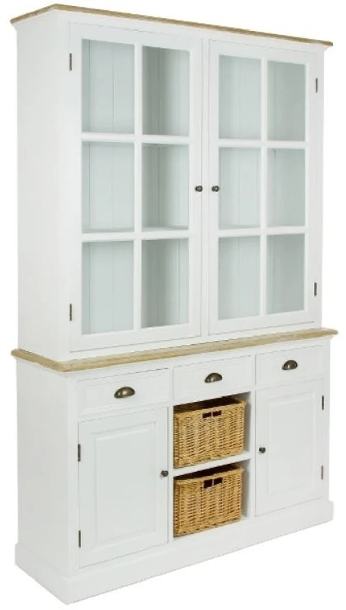 Casa Padrino Landhausstil Schrank Vitrine mit 2 Glastüren, 2 Rattankörben, antik weiß / naturfarben, 123 x 32 x H. 200 cm