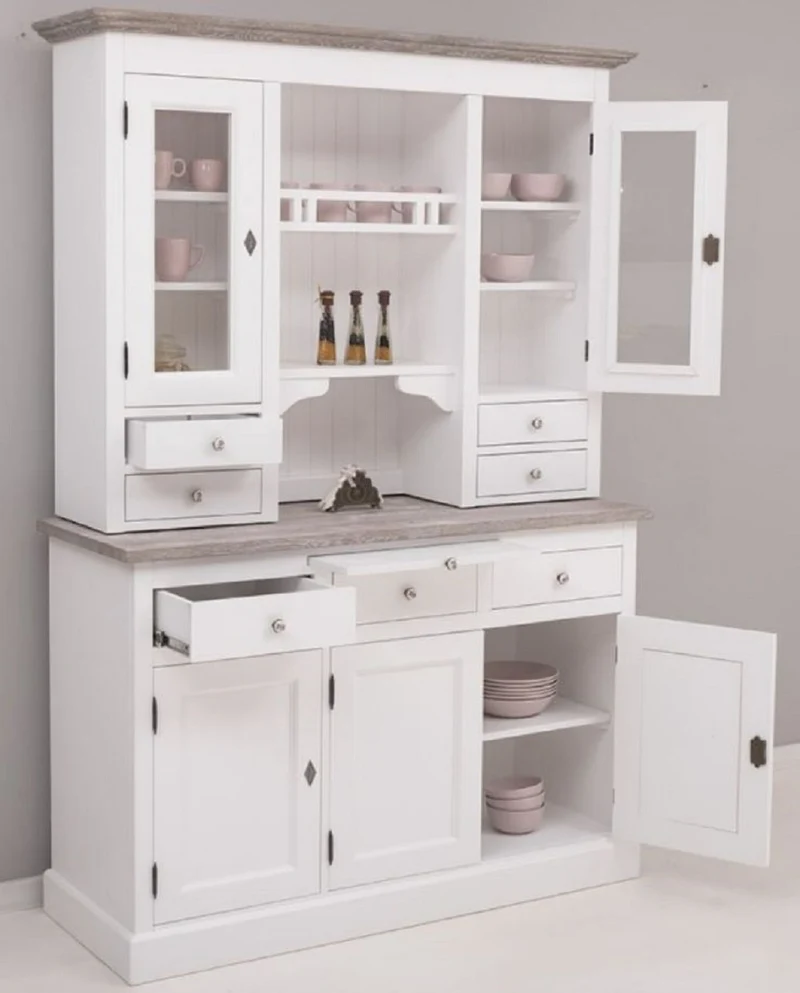 Casa Padrino Landhausstil Küchenschrank Weiß / Grau 138 x 50 x H. 197 cm - 2 Teiliger Küchenschrank mit 5 Türen und 7 Schubladen - Landhausstil Küchenmöbel