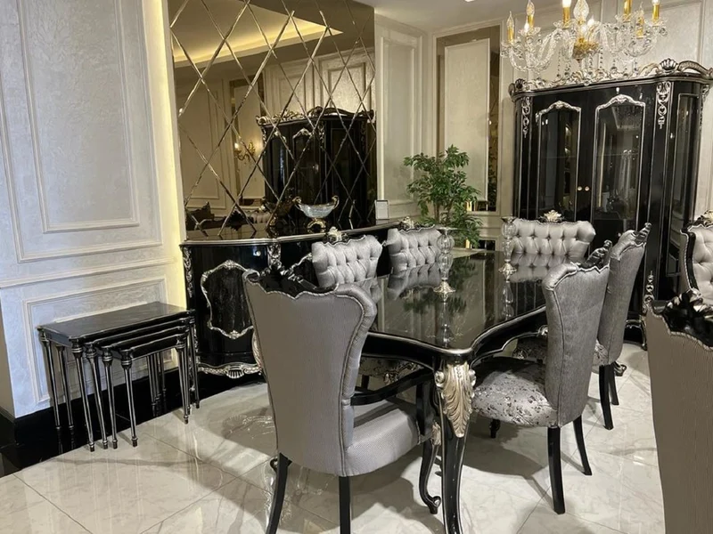 Casa Padrino Luxus Barock Esszimmer Set Silber / Schwarz / Silber - 1 Esstisch & 6 Esszimmerstühle - Barock Esszimmer Möbel - Edel & Prunkvoll