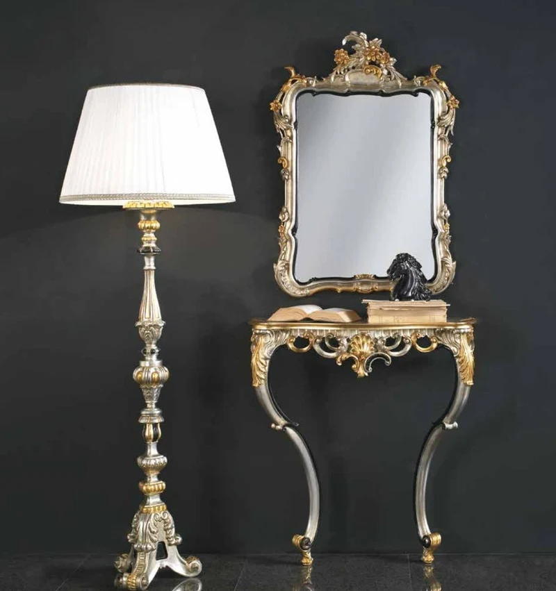 Casa Padrino Luxus Barock Spiegelkonsole Silber / Gold - Prunkvolle Barock Konsole mit Wandspiegel - Barock Hotel & Schloß Möbel - Luxus Qualität - Made in Italy