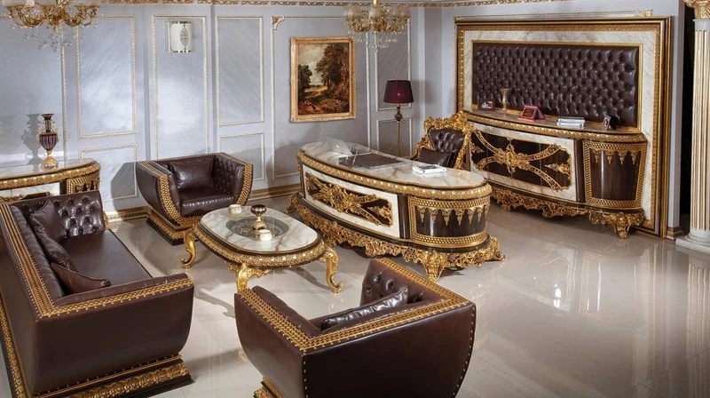 Casa Padrino Luxus Barock Büromöbel Set Weiß / Dunkelbraun / Gold - 1 Barock Schreibtisch mit Marmoroptik & 1 Barock Bürostuhl mit edlem Kunstleder - Prunkvolle Barock Büromöbel