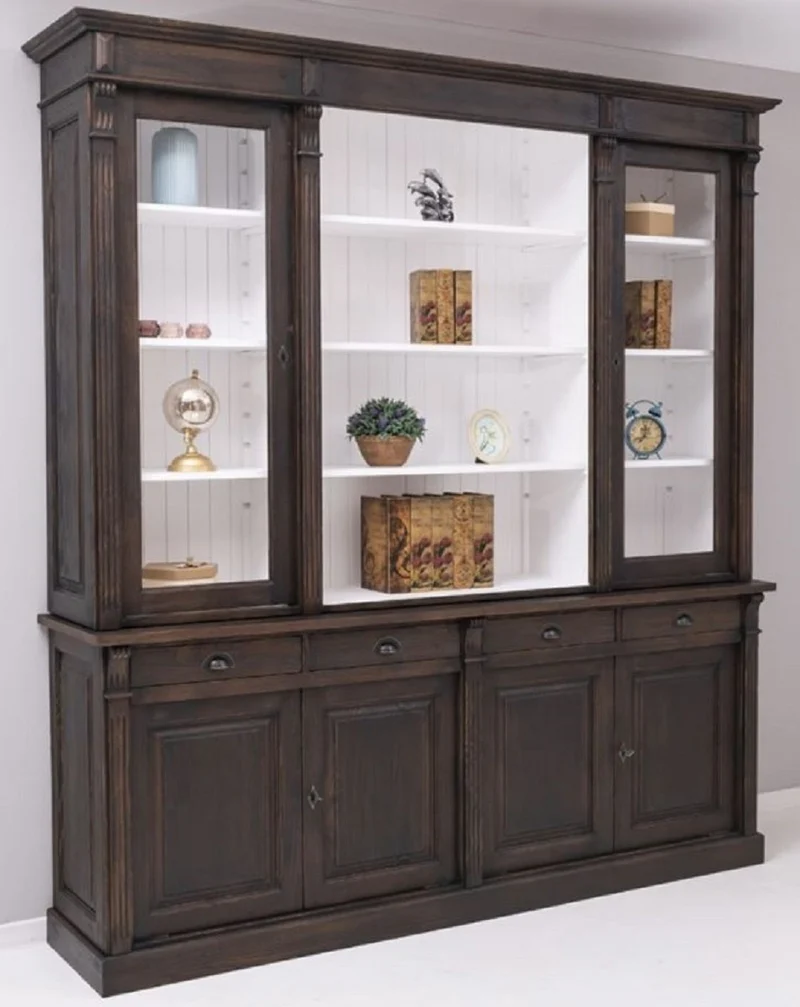 Casa Padrino Landhausstil Esszimmerschrank Dunkelbraun / Weiß 223 x 51 x H. 240 cm - Massivholz Schrank - Küchenschrank - Landhausstil Esszimmer Möbel