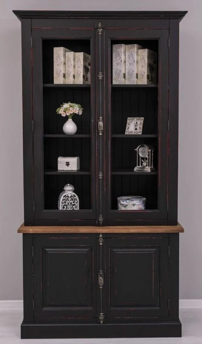 Casa Padrino Landhausstil Schrank Schwarz / Rot / Braun 120 x 50 x H. 228 cm - Massivholz Vitrine - Landhausstil Massivholz Möbel