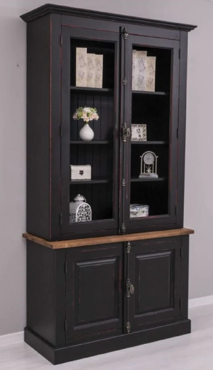 Casa Padrino Landhausstil Schrank Schwarz / Rot / Braun 120 x 50 x H. 228 cm - Massivholz Vitrine - Landhausstil Massivholz Möbel