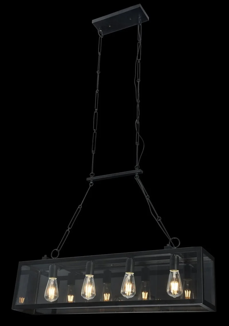 Casa Padrino Luxus Hängeleuchte Schwarz 91,5 x 17,6 x H. 29,1 cm - Hängelampe mit geschmiedetem Rahmen und Glasscheiben
