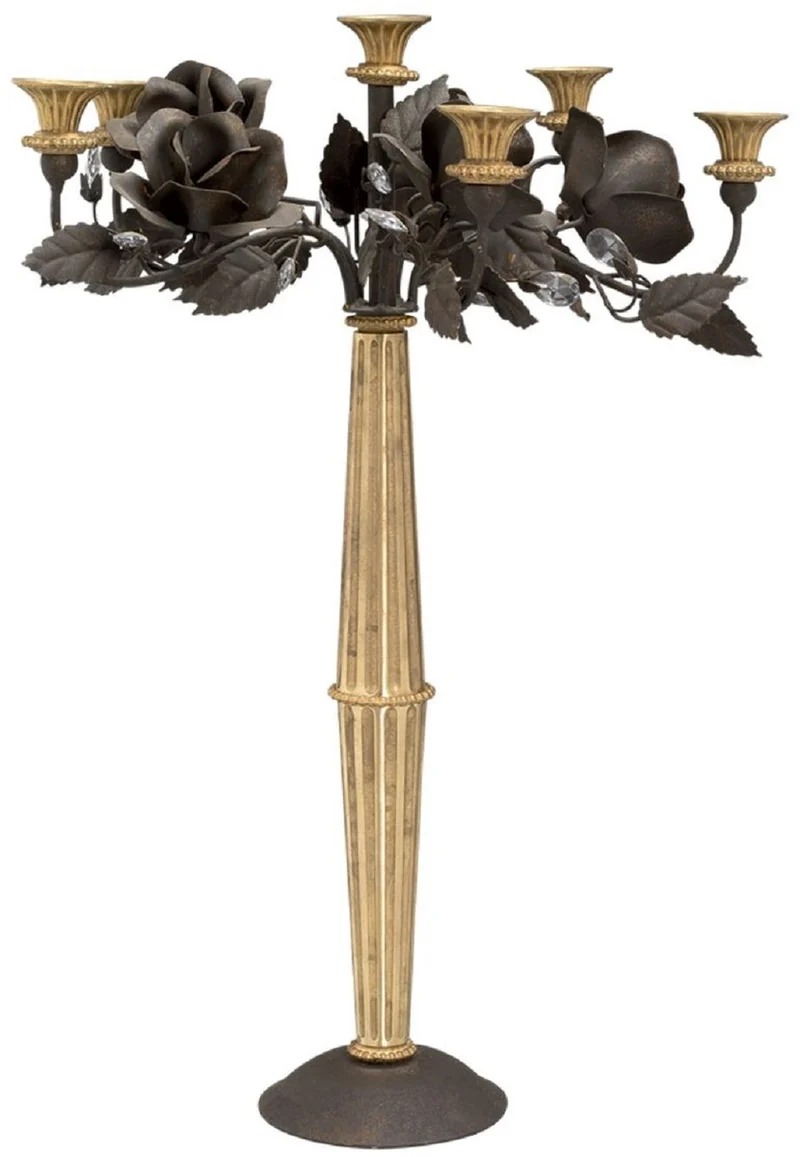 Casa Padrino Jugendstil Kerzenhalter Antik Gold / Rostfarben Ø 40 x H. 60 cm - Eleganter Kerzenständer mit dekorativen Rosen und Swarovski Kristallglas - Barock & Jugendstil Deko Accessoires