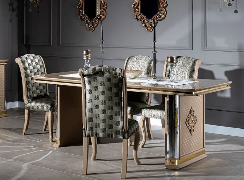 Casa Padrino Luxus Art Deco Esszimmer Set Beige / Gold - 1 Esstisch & 6 Esszimmerstühle - Handgefertigte Art Deco Esszimmer Möbel