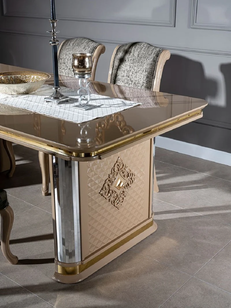 Casa Padrino Luxus Art Deco Esszimmer Set Beige / Gold - 1 Esstisch & 6 Esszimmerstühle - Handgefertigte Art Deco Esszimmer Möbel