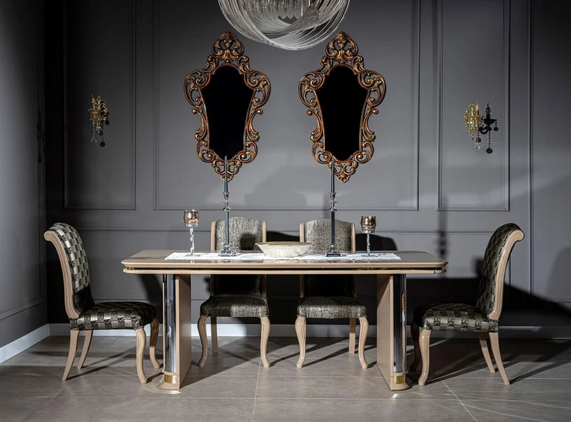 Casa Padrino Luxus Art Deco Esszimmer Set Beige / Gold - 1 Esstisch & 6 Esszimmerstühle - Handgefertigte Art Deco Esszimmer Möbel